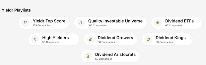 Yieldr's custom playlists help you quickly uncover highly rated and popular Dividend Stocks